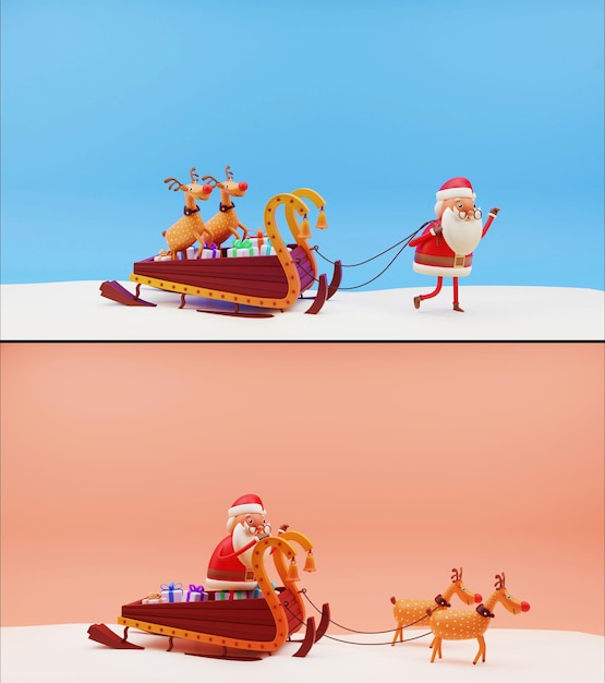 Render 3d babbo natale carino con renne slitta piena di scatole regalo in due opzioni di colore.