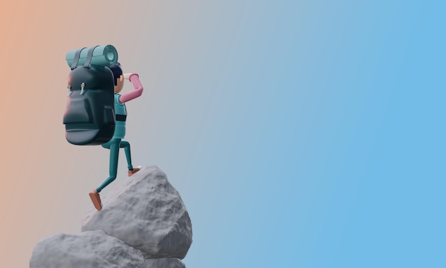3d render A cute tourist with a backpack and a phone climbed to the top of the mountain Back view