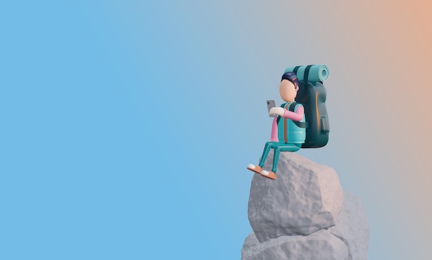 3d render Cute tourist with a backpack and a phone sits on a stone