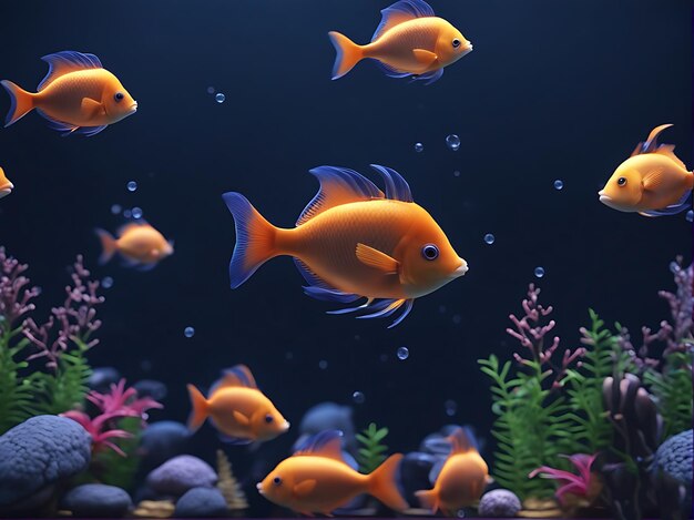 3D render of a cute tropical fishes in an aquarium on a dark blue background ai generated