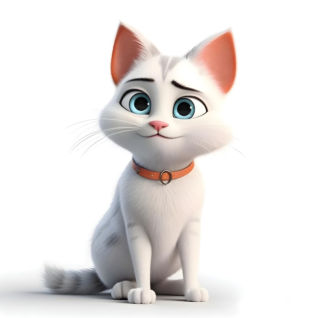 3D Render of a cute white cat with orange collar on white background