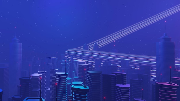 3d render of Cyber night mega city landscape scene Light glowing and reflection on dark tech scene Night life Technology network for 5g Beyond futuristic of SciFi Capital city and building scene