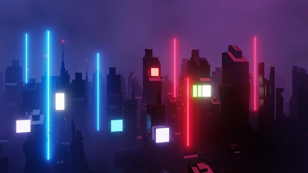 3d render of cyber punk night city landscape concept light\
glowing on dark scene night life technology network for 5g beyond\
generation and futuristic of scifi capital city and building\
scene