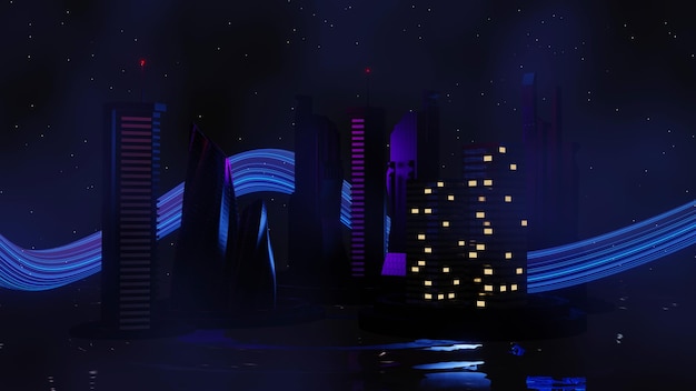 3d render of cyber punk night city landscape concept light\
glowing on dark scene night life technology network for 5g beyond\
generation and futuristic of scifi capital city and building\
scene