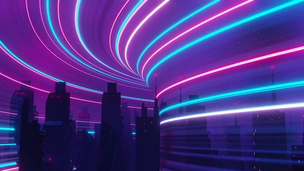 サイバーパンクの夜の街の風景のコンセプトの3Dレンダリング暗いシーンで光る夜の生活5gのテクノロジーネットワークSciFi首都と建築シーンの世代と未来を超えて