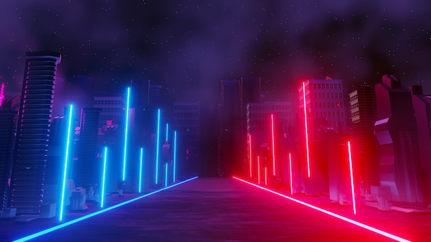 Rendering 3d del concetto di paesaggio urbano notturno cyber punk luce che si illumina su una scena oscura vita notturna rete tecnologica per 5g oltre la generazione e il futuristico di scifi capitale e scena dell'edificio