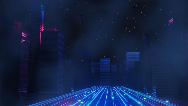 3d render of cyber punk night city landscape concept light\
glowing on dark scene night life technology network for 5g beyond\
generation and futuristic of scifi capital city and building\
scene