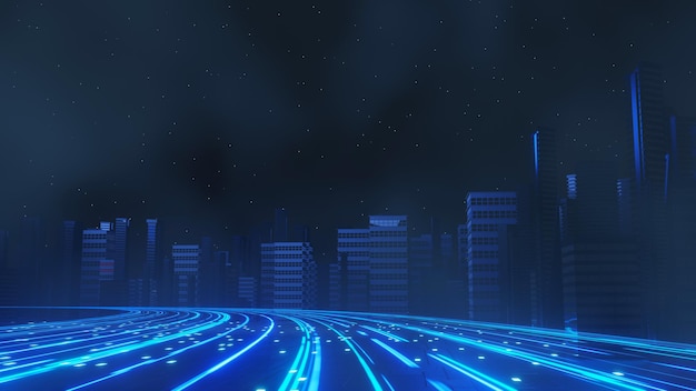 3d render of Cyber punk night city landscape concept Light glowing on dark scene Night life Technology network for 5g Beyond generation and futuristic of SciFi Capital city and building scene