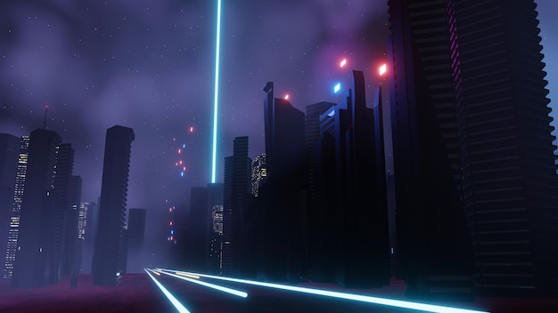 3d render of Cyber punk night city landscape concept Light glowing on dark scene Night life Technology network for 5g Beyond generation and futuristic of SciFi Capital city and building scene