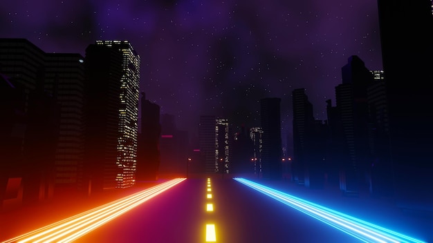 3d render of Cyber punk night city landscape concept Light glowing on dark scene Night life Technology network for 5g Beyond generation and futuristic of SciFi Capital city and building scene
