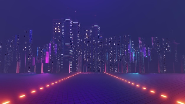 3d render of cyber punk night city landscape concept light\
glowing on dark scene night life technology network for 5g beyond\
generation and futuristic of scifi capital city and building\
scene
