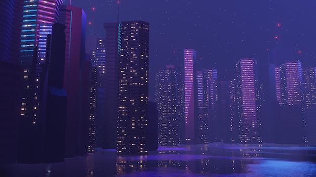 Rendering 3d del concetto di paesaggio urbano notturno cyber punk luce che si illumina su una scena oscura vita notturna rete tecnologica per 5g oltre la generazione e il futuristico di scifi capitale e scena dell'edificio