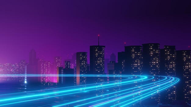 Foto rendering 3d del concetto di paesaggio urbano notturno cyber punk luce che si illumina su una scena oscura vita notturna rete tecnologica per 5g oltre la generazione e il futuristico di scifi capitale e scena dell'edificio