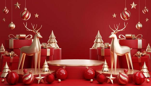 3D 렌더링 실린더 연단 크리스마스 산타 클로스와 크리스마스 트리 선물 상자 리본 제품 향수 판촉 판매 프리젠 테이션 화장품 배경색