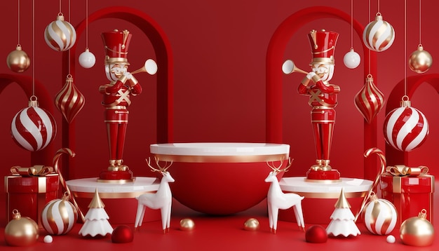 3D 렌더링 실린더 연단 크리스마스 산타 클로스와 크리스마스 트리 선물 상자 리본 제품 향수 판촉 판매 프리젠 테이션 화장품 배경색