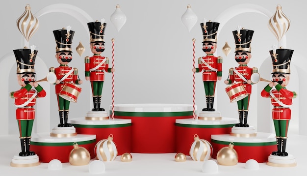 クリスマス サンタ クロースとクリスマス ツリー ギフト ボックス リボン製品香水プロモーション販売プレゼンテーション化粧品背景色の 3 D レンダリング シリンダー表彰台