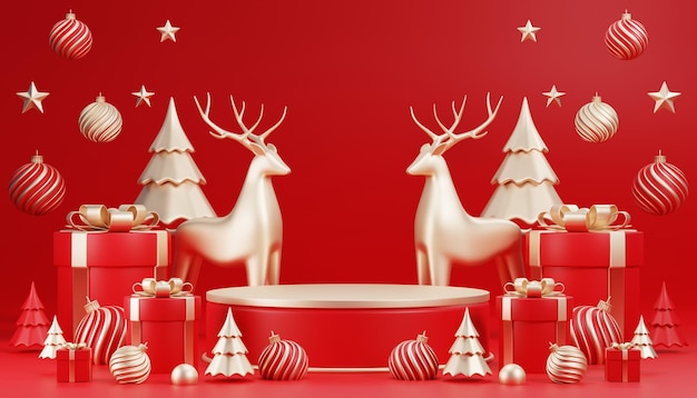 3D render cylinder podium in christmas Santa Claus and christmas tree, gift boxes