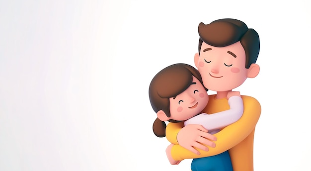 Photo 3d render of dad hugging his child on happy fathers day occasion cartoon character style