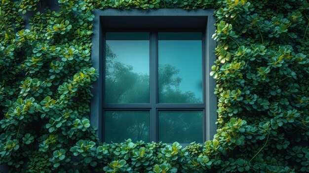 Photo 3d render of a dark blue window surrounded by green plants generative ai