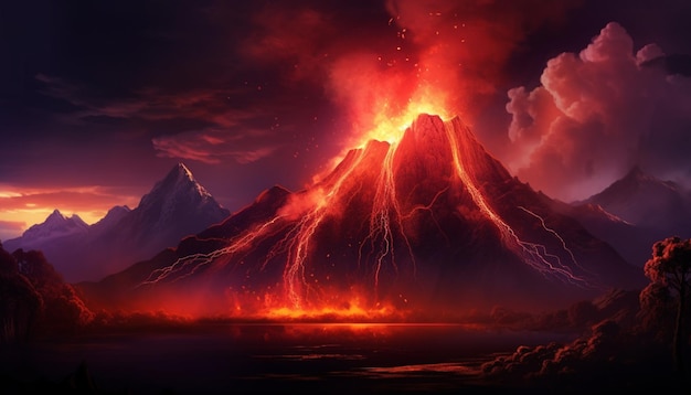 폭발성 화산과 네온릿 용암을 특징으로 하는 어두운 미래 자연 경관의 3D 렌더링