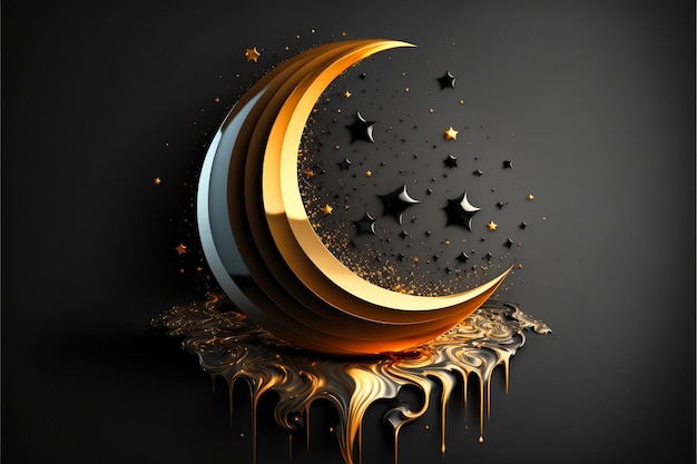 3d render dark gray Ramadan moon, gold splash, clean dark background