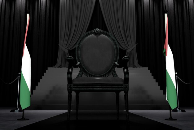 3D render of dark royal chair on a dark background betwin two flags State of Palestine