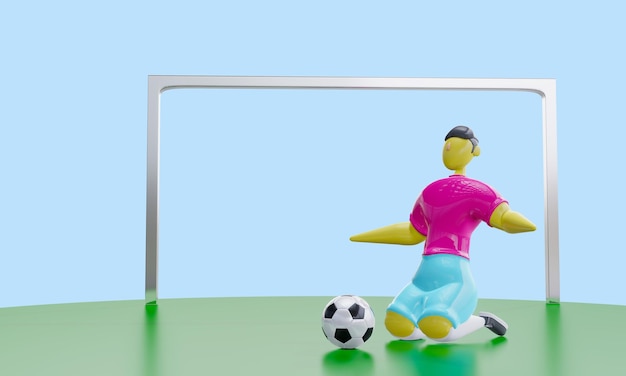 3D render De karakter plastic voetbal keeper knielt naast de bal