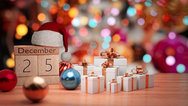 3d render. december 25th,beautiful christmas wall date on wooden block calendar.