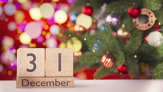 3Dレンダリング。 12月31日、木製ブロックカレンダーの美しい新年とクリスマスの壁の日付。