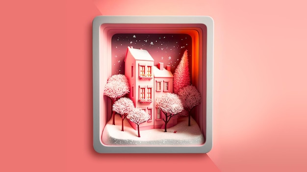 3D Render of Decorative Winter Diorama Square Frame With Residential Structure Trees Snow Falling