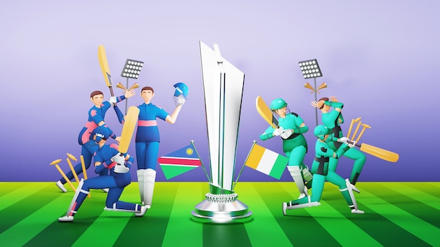 3D render deelnemende Cricket Team spelers van Namibië Vs Ierland met zilveren winnende trofee en toernooi apparatuur illustratie.