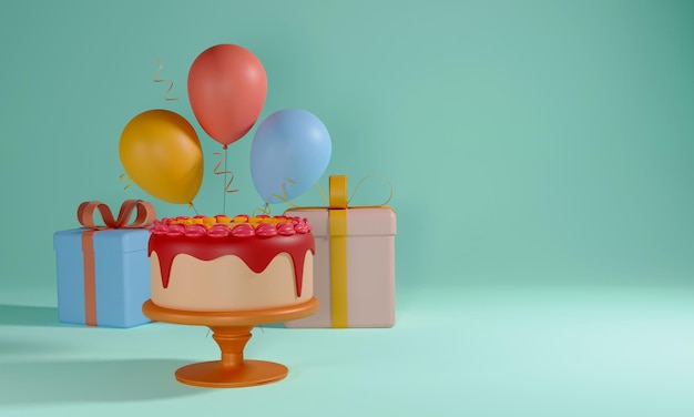 3d render of delicious cake over table with gift boxes balloons on light turquoise background