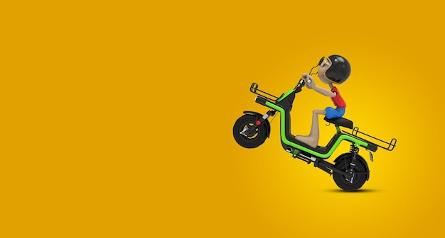 3d render Delivery man riding electric motorcycle on yellow background