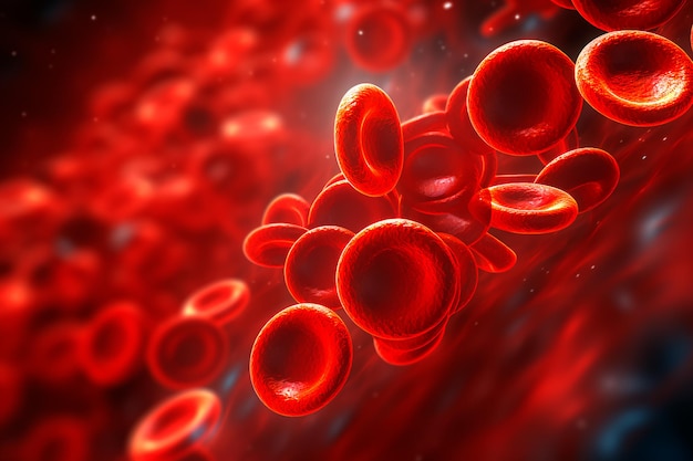 3d render depicting red blood cells in a vein with depth of field showcasing the directional flow w