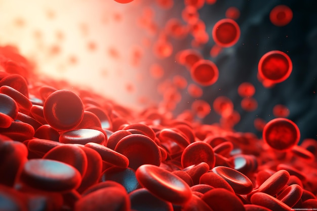 3D-рендер, изображающий красные кровяные клетки в вене с глубиной поля, показывающей направленный поток w