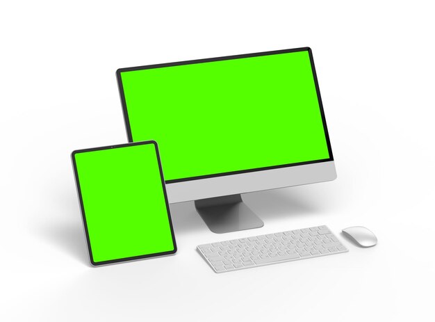 Rendering 3D di un computer desktop e di un tablet con uno schermo verde su uno sfondo chiaro