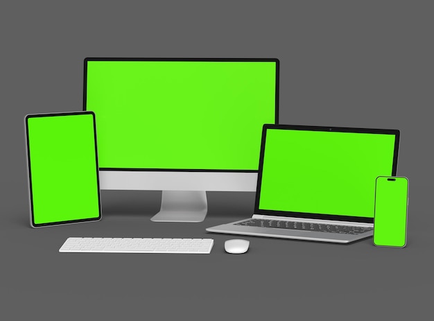 3d render of desktop laptop smartphone and tablet on a dark background