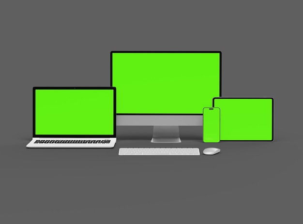 어두운 배경에서 데스크, 노트북, 스마트폰 및 태블릿의 3D 렌더링