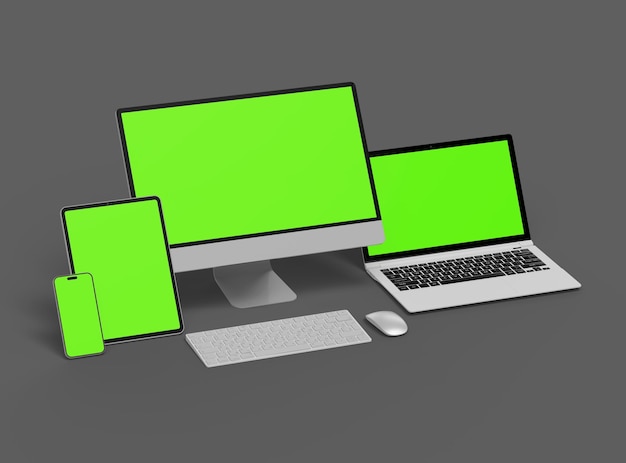 어두운 배경에서 데스크, 노트북, 스마트폰 및 태블릿의 3D 렌더링