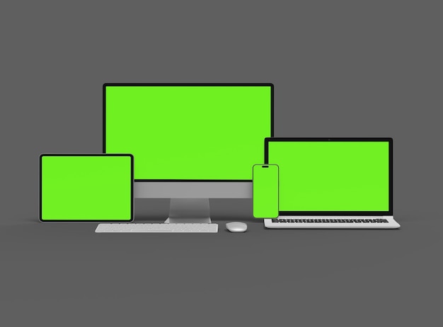 어두운 배경에서 데스크, 노트북, 스마트폰 및 태블릿의 3D 렌더링