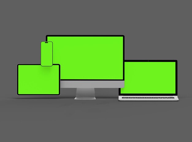 어두운 배경에서 데스크, 노트북, 스마트폰 및 태블릿의 3D 렌더링