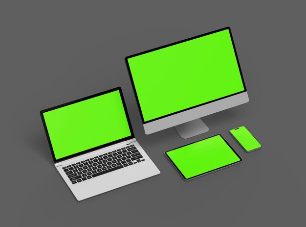 3d render of desktop laptop smartphone and tablet on a dark background