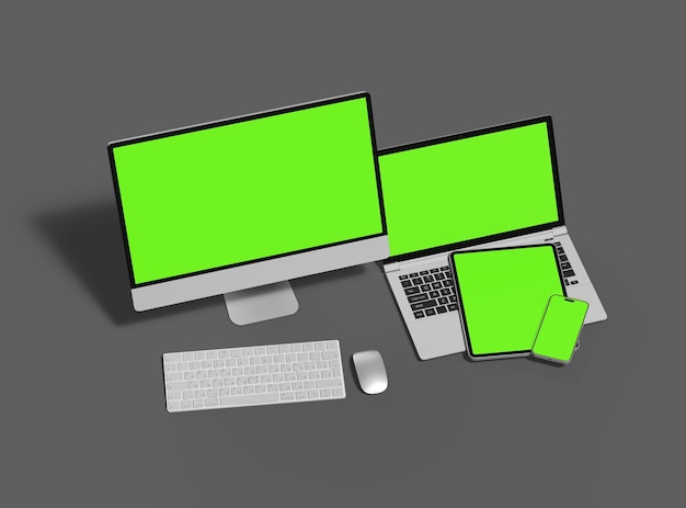 3d render of desktop laptop smartphone and tablet on a dark background