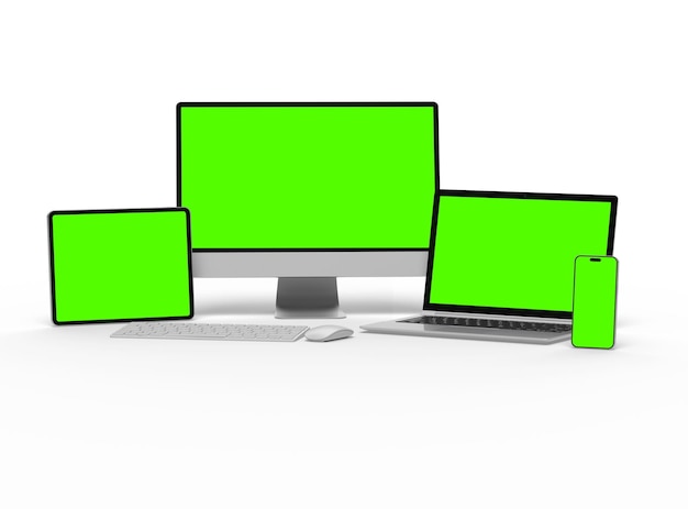 3d render of desktop laptop smartphone and tablet on a light background