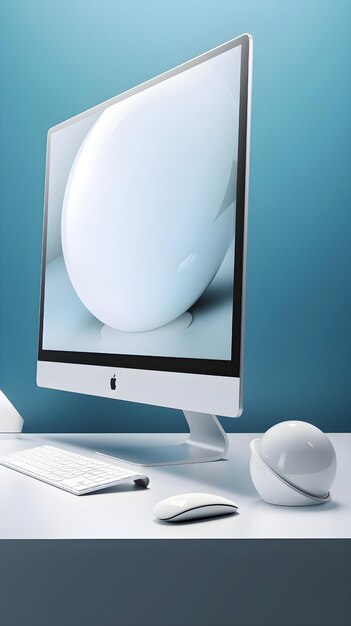 3d render of desktop with computer and mouse on blue background