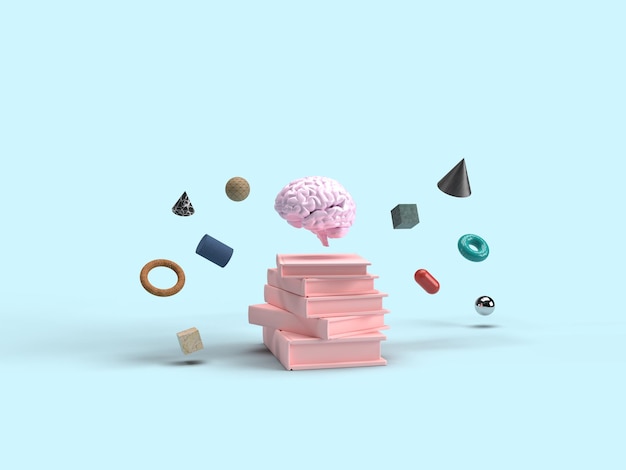 3D визуализация развития умственных способностей Розовый мозг над книгами В круге абстрактные формы