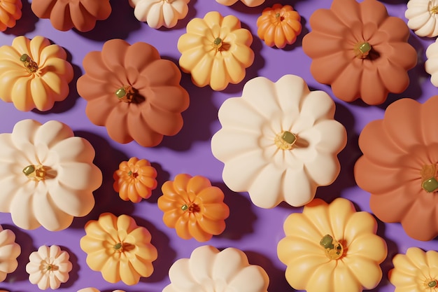 3d render of different shades of orange pumpkins flat lay on a purple background