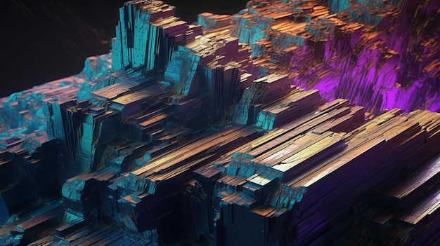 3D render digital art of iridescent bismuth rock wall