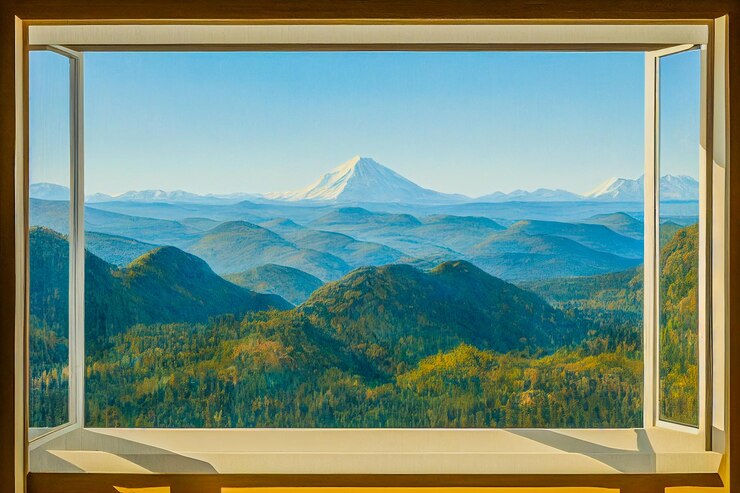 Photo 窓の外のマウンテンビューのデジタルアートの絵を3dレンダリングし、選択的に焦点を合わせてぼかします