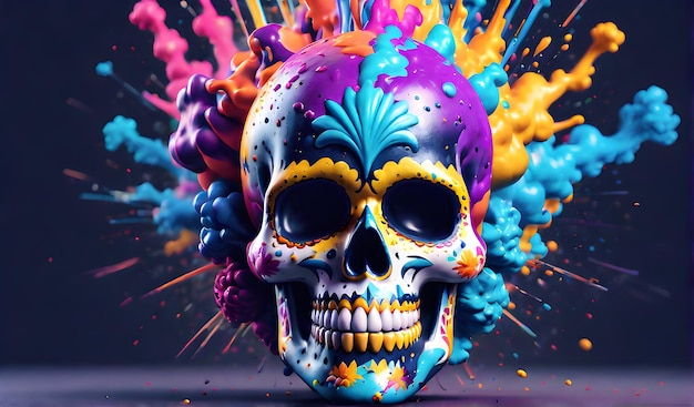 3D render digital illustration of sugar skull with floral ornament with explosion of multiple colors